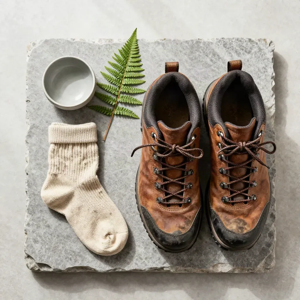Wanderschuhe, Wollsocke, Schale und Farn auf Steinsockel im weichen Licht