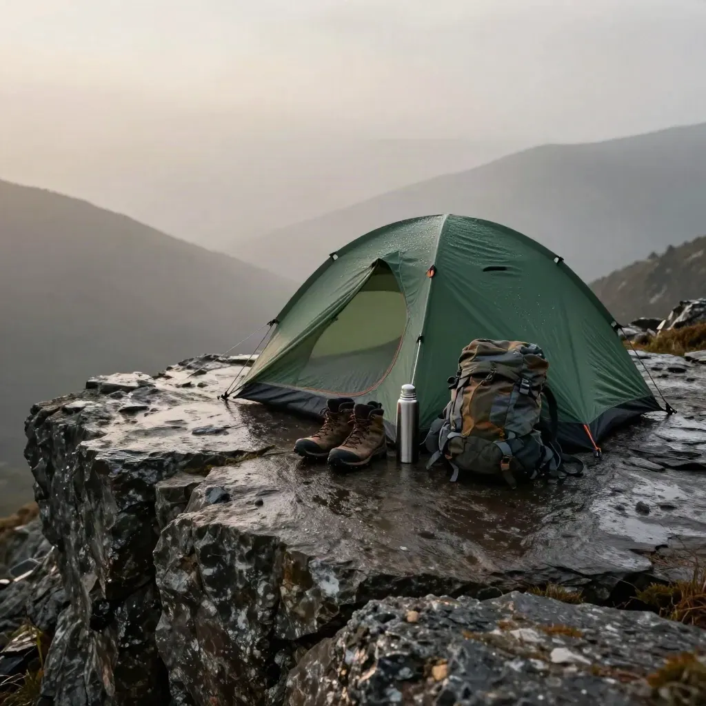 Zelt, Wanderschuhe, Rucksack und Thermoskanne auf nassem Fels im Morgennebel über dem Tal.