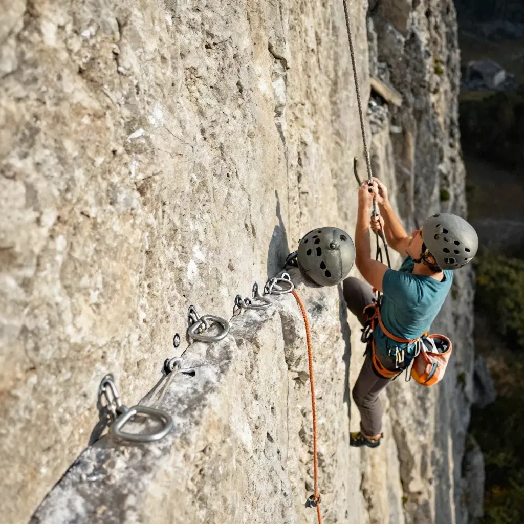 Kletterstandplatz am Kalkfelsen mit Seil, Expressen, Helm und Chalkbag im Sonnenlicht