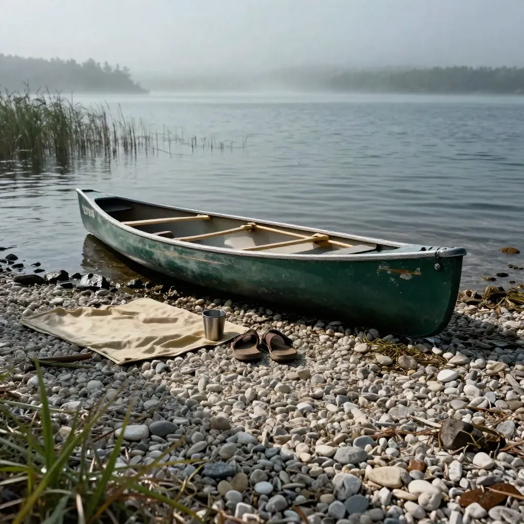 Kiesstrand am stillen See mit grünem Kanu, Decke, Sandalen und Becher im Morgenlicht