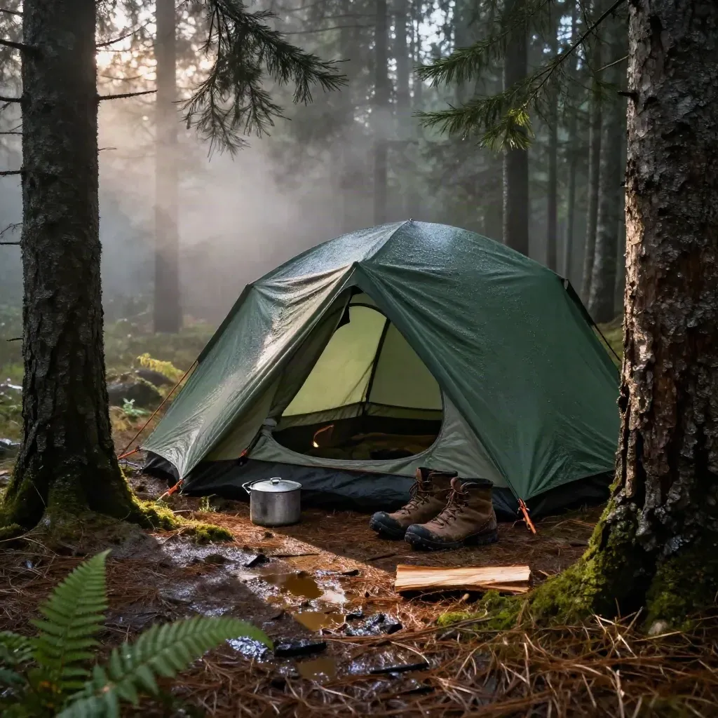 Kleines Zelt im nassen Bayerischen Wald mit Stiefeln und Kochset im Nebel.