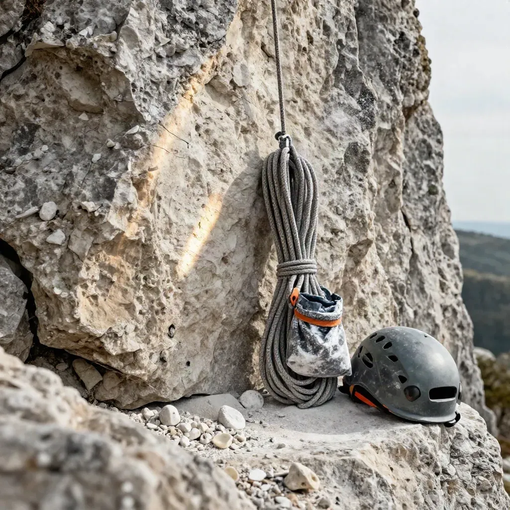Seil, Chalkbag und Helm am Kalkfels im Frankenjura, Staub und Licht über den Griffen.