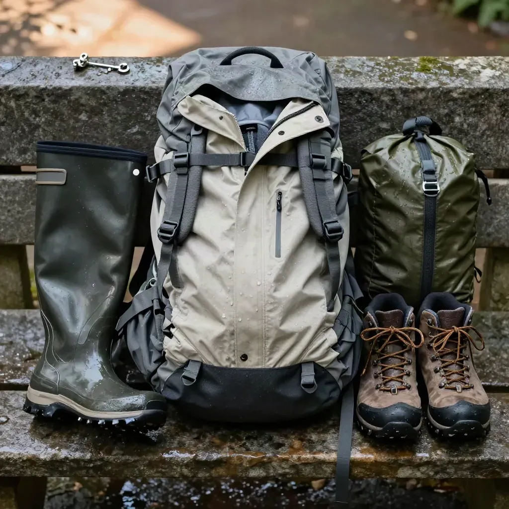 Offener Regenrucksack mit nasser Jacke, Gamaschen, Wanderschuhen und Drybag auf Steinbank