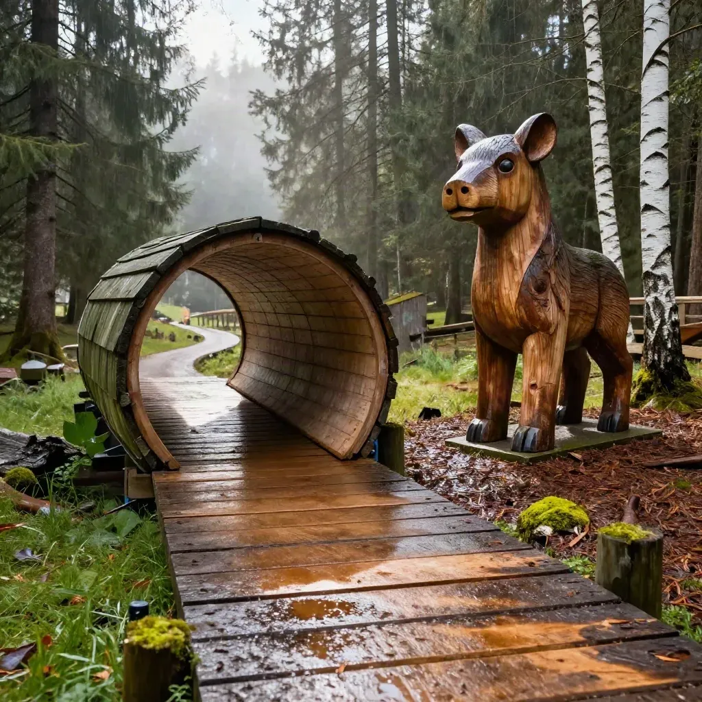 Waldabenteuerpark im Allgäu mit Holzbrücke, Klettertunnel und Holztierfigur im nassen Licht.