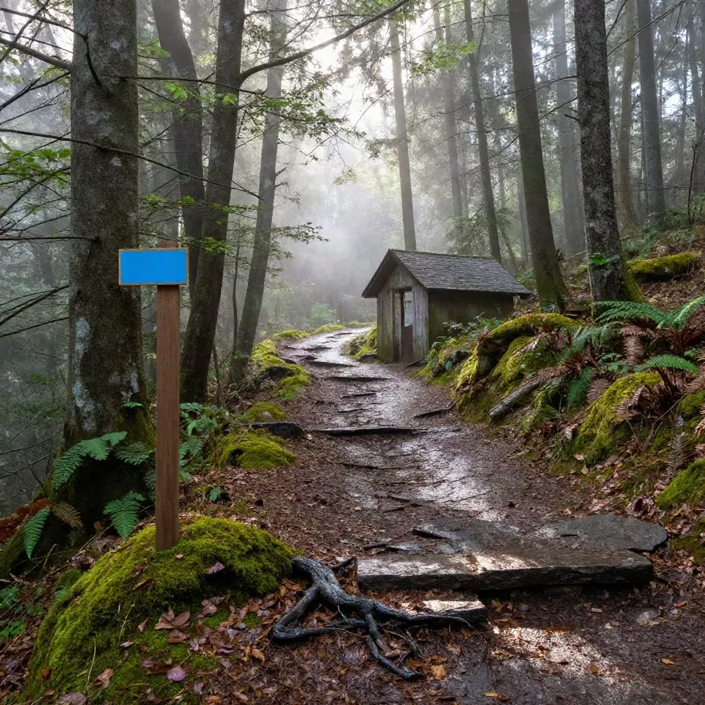 Moosiger Waldweg im Schwarzwald mit kleiner Schutzhütte und Morgennebel