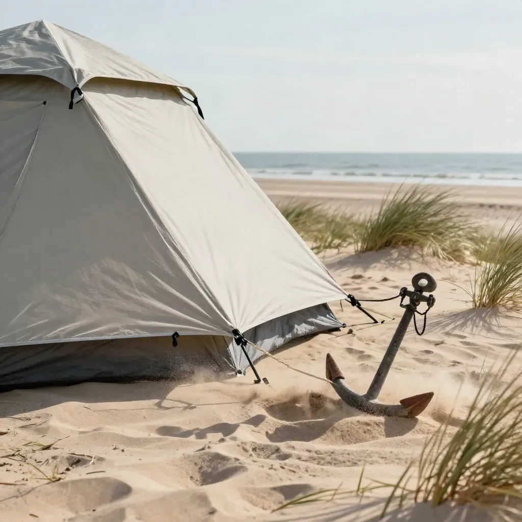 Zelt am Ostseestrand mit gespanntem Seil, Sandanker und Strandhafer im Wind.