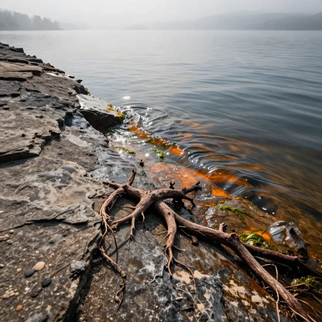 Felsige Uferkante am Edersee mit flachem Wasser und Windwelle von oben