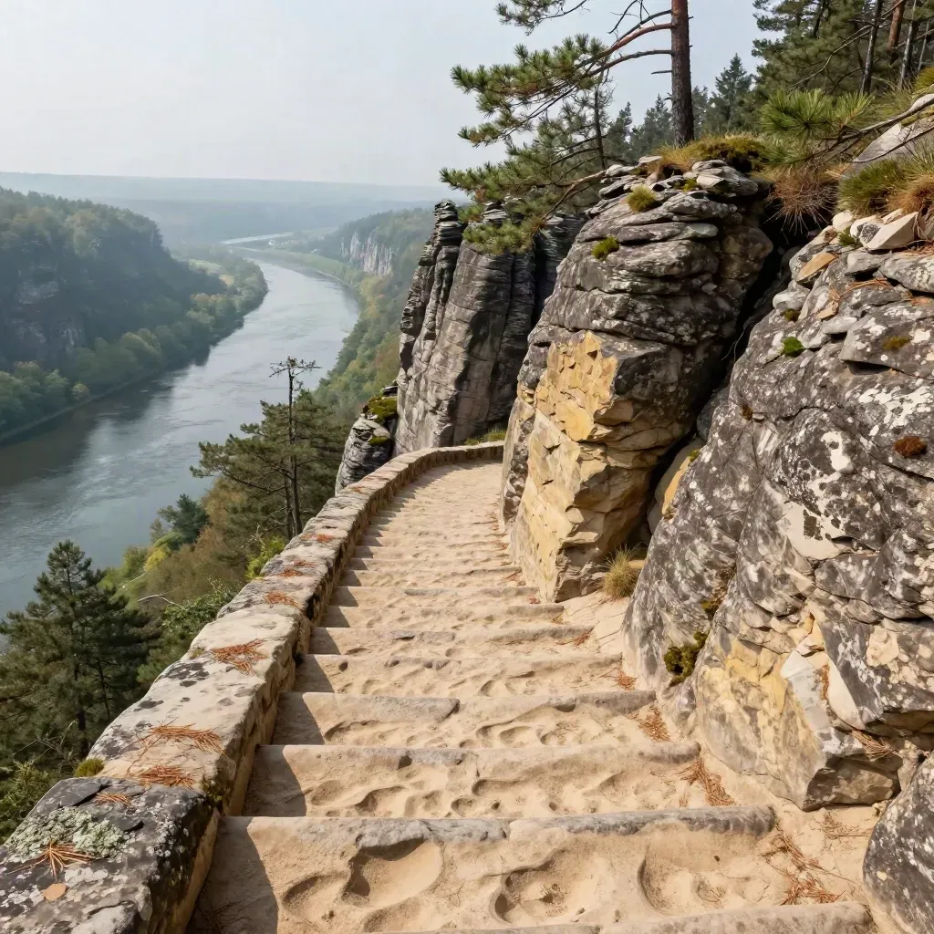 Sandsteintreppe in der Sächsischen Schweiz mit Kiefern, Felsen und Blick zur Elbe.