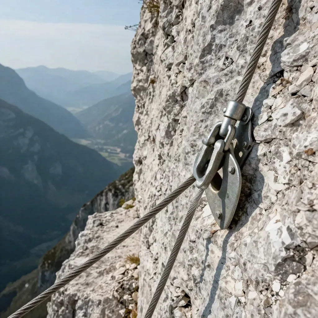 Stahlkabel am Allgäuer Fels mit steilem Talblick und hellem Berglicht