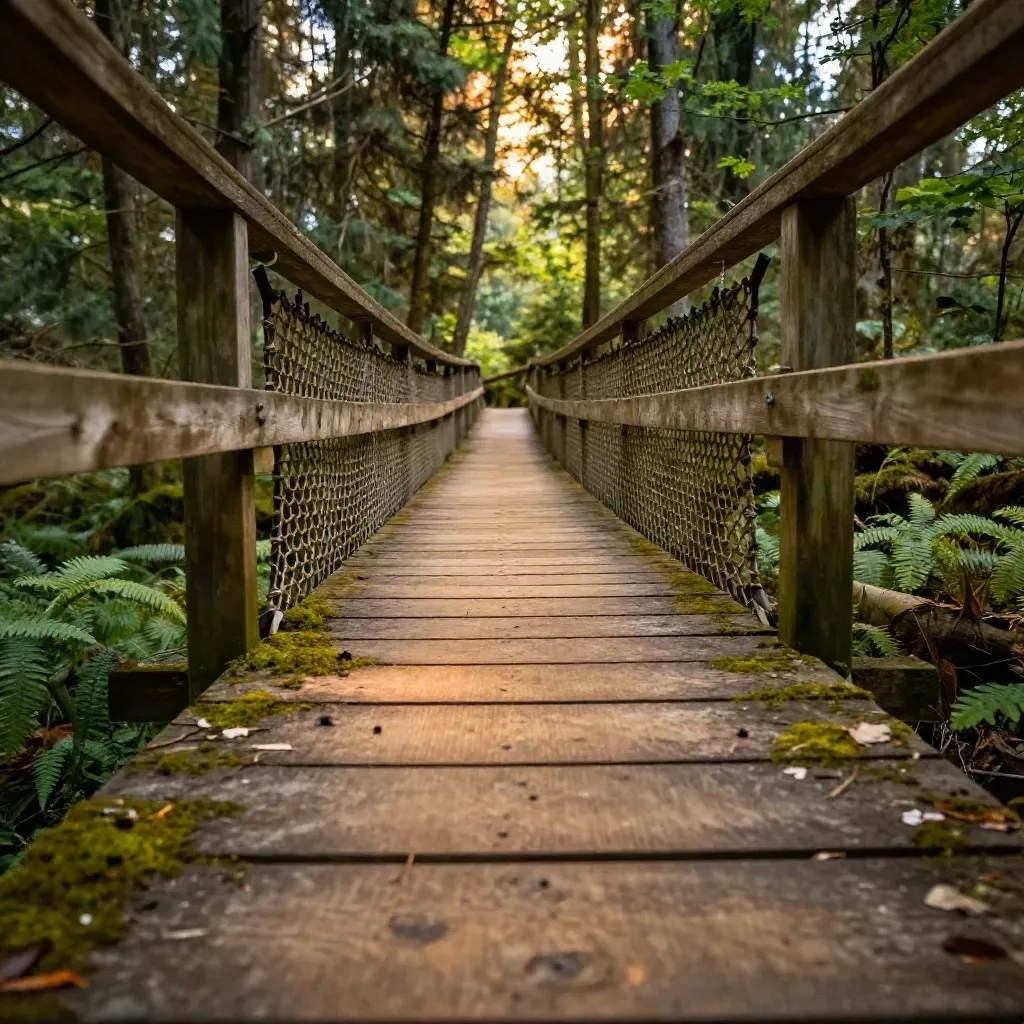 Leerer Baumwipfelpfad im Wald mit Holzplattform und Netzbrücke im Sonnenlicht.