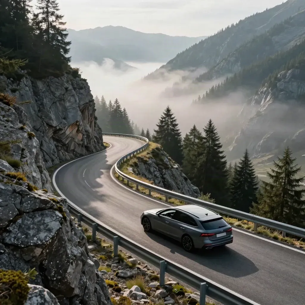Auto am Alpenpass mit Nebel, Leitplanke und Felswand im dramatischen Licht.