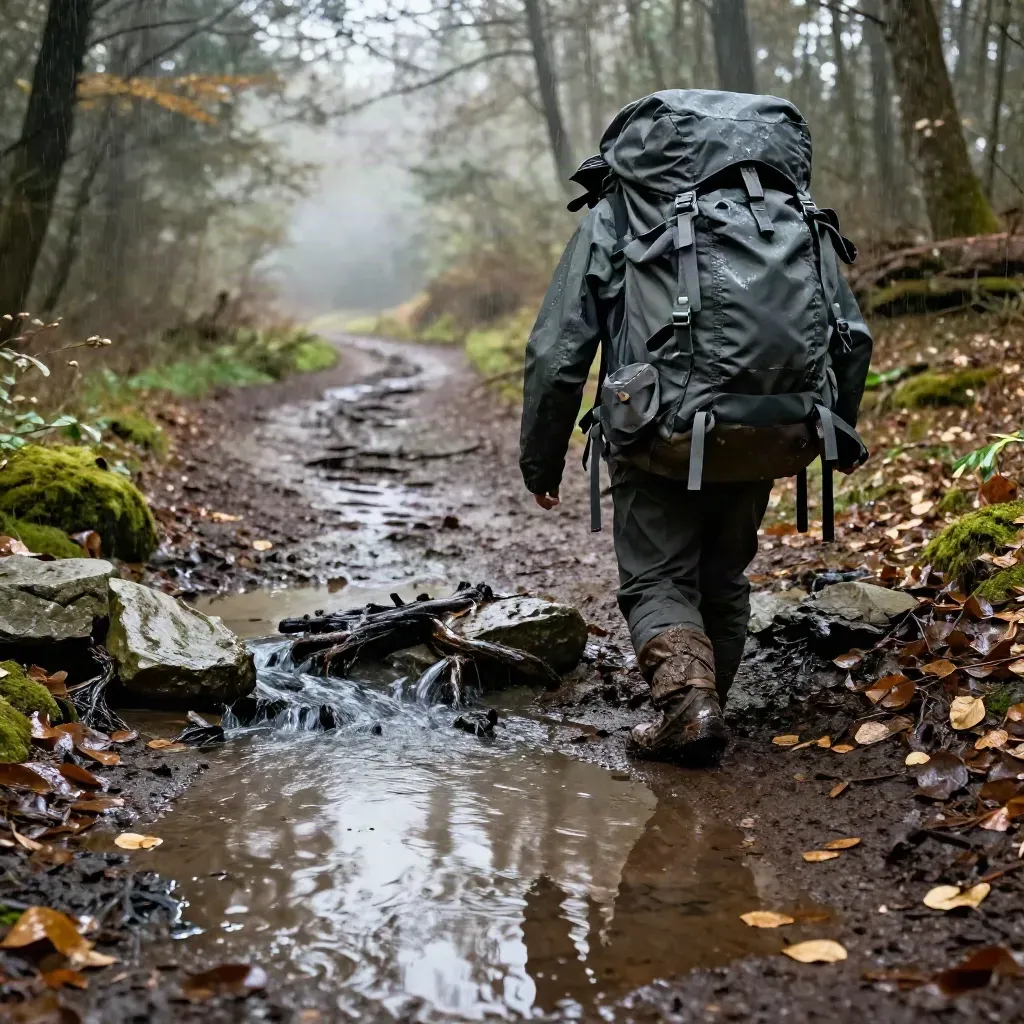 Regen nasser Waldweg mit Rucksack, Jacke, Pfützen und Bachquerung im Morgenlicht.