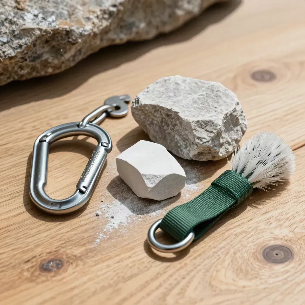 Karabiner, Sicherungsgerät und Chalkblock auf heller Holzfläche mit Felsstein