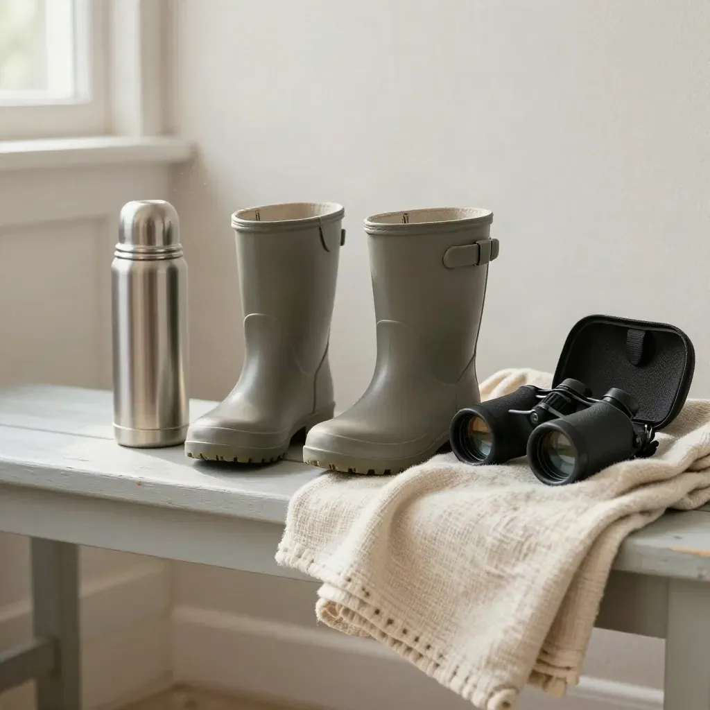 Kinder-Gummistiefel, Thermoskanne, Decke und Fernglas auf heller Bank im Fensterlicht.